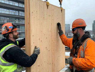 A construction crew positioning a large CLT panel into place, showcasing the scale of mass timber elements.