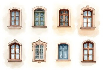Obraz premium Open and closed windows with colorful wooden shutters. Mediterranean style in architecture. Isolated on a white background. Set, collage. Square format. 
