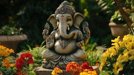 Fototapeta premium Stone statue of Ganesha surrounded by colorful flowers.