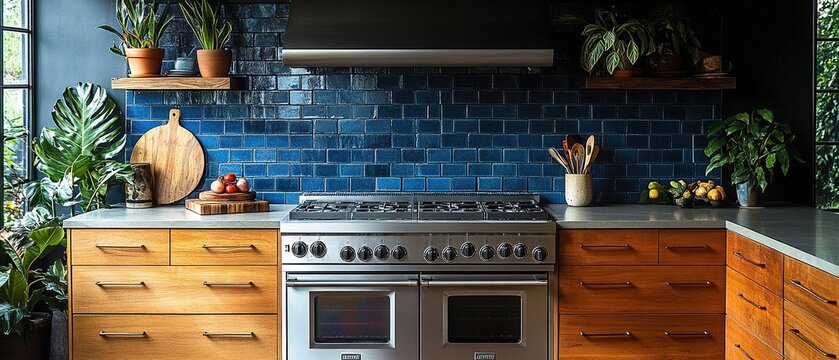 Modern Kitchen Design with Vibrant Blue Backsplash and Sleek Cabinets for Contemporary Living Spaces