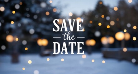 save the date lettering on winter snow holidays blurred lights bokeh background