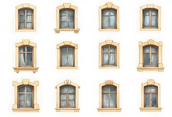 Obraz premium Open and closed windows with colorful wooden shutters. Mediterranean style in architecture. Isolated on a white background. Set, collage. Square format. 