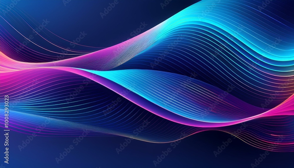 Poster Dark abstract background with glowing waves. Shiny moving lines design element. Modern purple-blue gradient flowing wave lines.