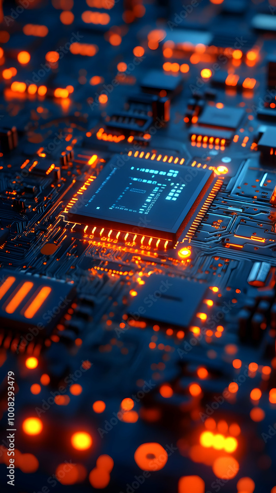 Poster 3d render of futuristic glowing circuit board with cpu