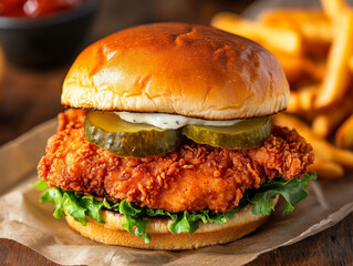 A crispy fried chicken sandwich with pickles and mayo, served with fries on a rustic wooden table.