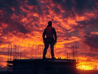Fototapeta premium Construction worker silhouette against a vibrant sunset sky.