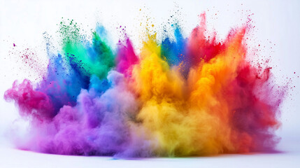 Fototapeta premium Happy Holi colorful background. Festival of colors, colorful rainbow holi paint color powder explosion isolated white wide panorama background 
