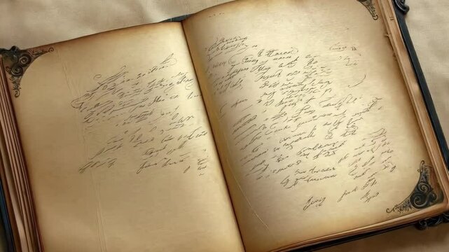 Antique book with handwritten script open on a rustic table showcasing vintage literary art, 4k footage