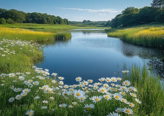 Fototapeta premium Serene Landscape with Lush Greenery, Tranquil Nature Scene, Ideal for Relaxation and Calmness