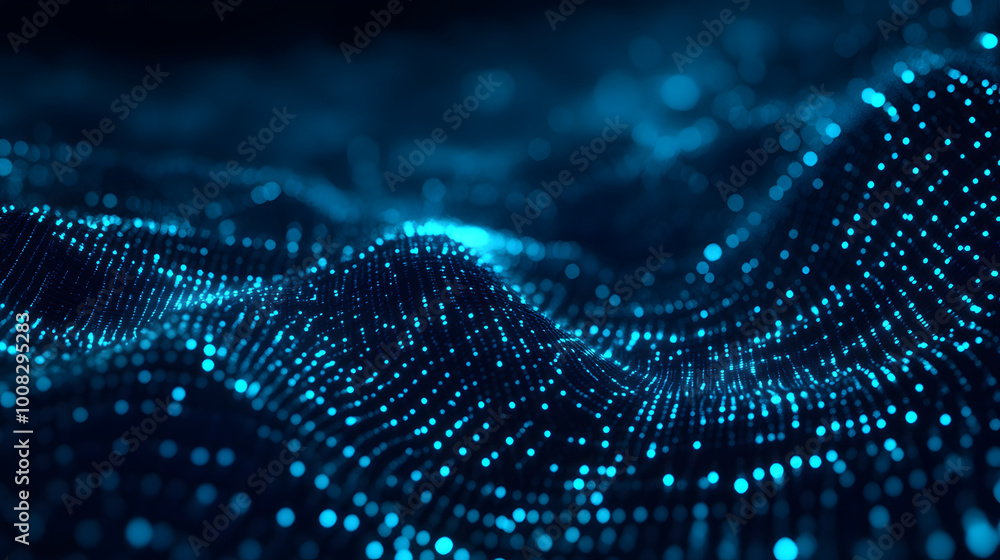 Poster futuristic blue background with glowing particles movement. big data. 3d rendering.