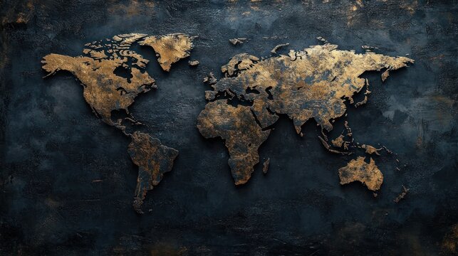 Fototapeta A golden world map on a dark textured background.