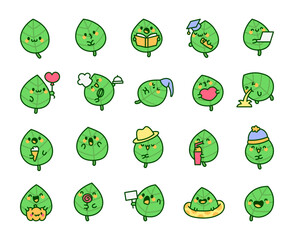 Cute kawaii leaf. Friendly cartoon character. Hand drawn style. Vector drawing. Collection of design elements.