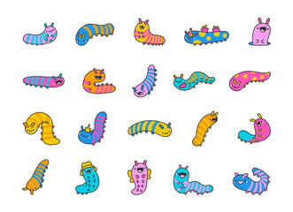 Cute caterpillar character. Friendly cartoon insect. Hand drawn style. Vector drawing. Collection of design elements.