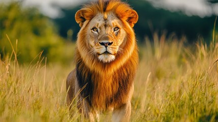 Obraz premium A majestic male lion stands in a field of tall grass, staring directly at the camera. The sun is setting behind him, casting a warm glow on his mane.