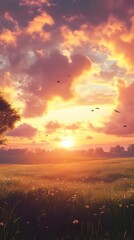 Obraz premium Serene sunset over a grassy field with colorful clouds.