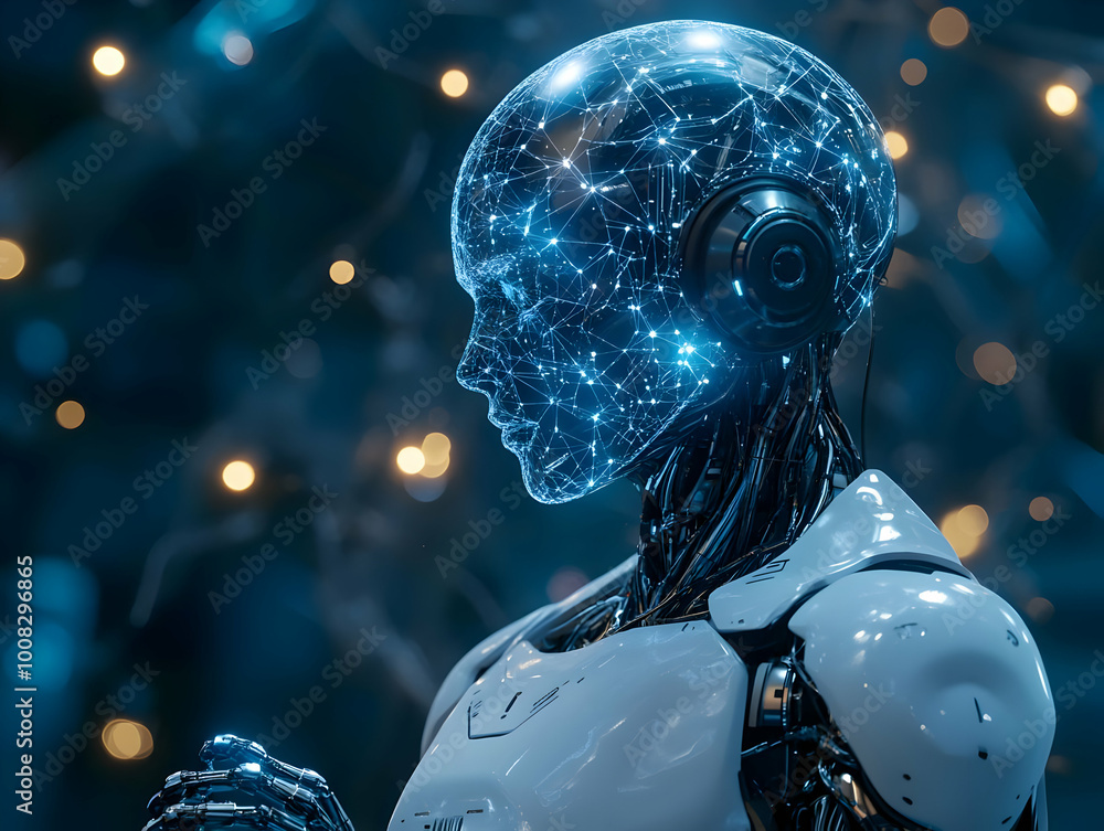 Poster 3d illustration artificial intelligence robot with network connection