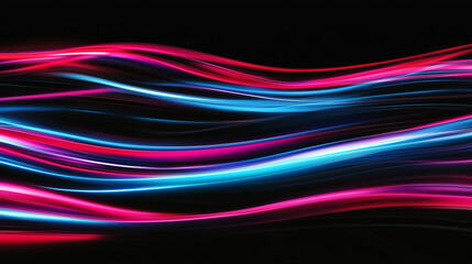 Neon futuristic flashes on black background. Motion light lines backdrop. For banner, postcard, illustration. Created with generative AI tools
