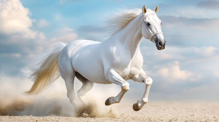 A majestic white horse gallops across a sandy field, kicking up dust with its powerful legs. The horse's mane and tail flow in the wind, creating a sense of motion and freedom.