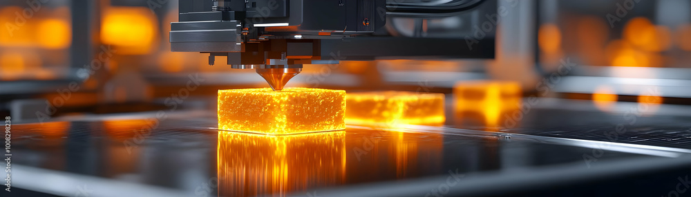 Poster 3d render: 3d printer creating glowing cube illustration