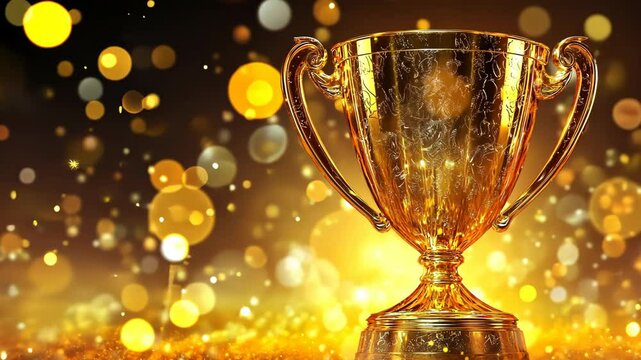 A gold trophy sits on a sparkling surface with a festive, blurred background of golden bokeh