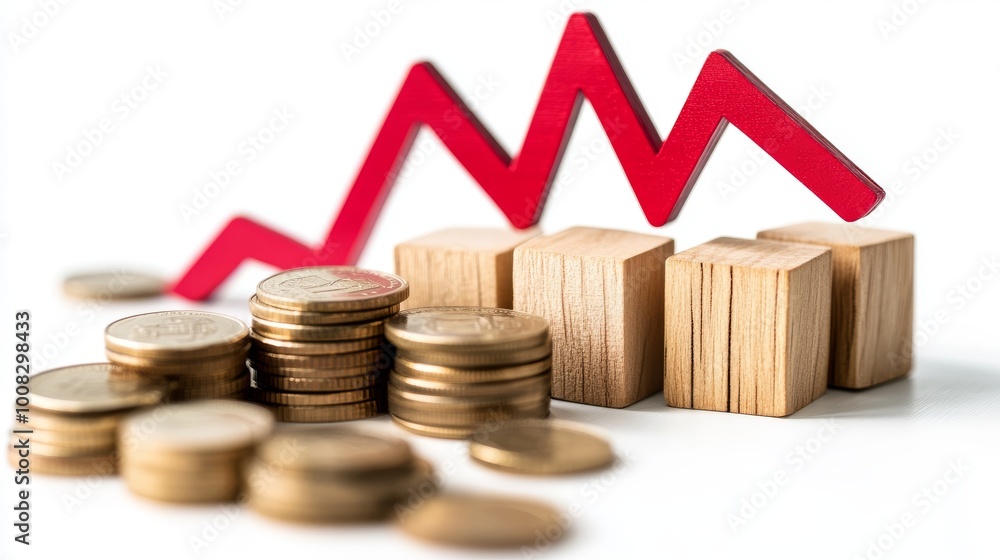 Poster close-up of stacked coins and wooden blocks with a downward red line graph symbolizing economic decl