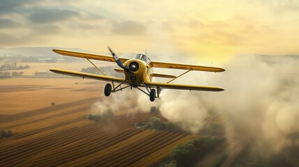 A photo of a crop duster flying over a farmland.