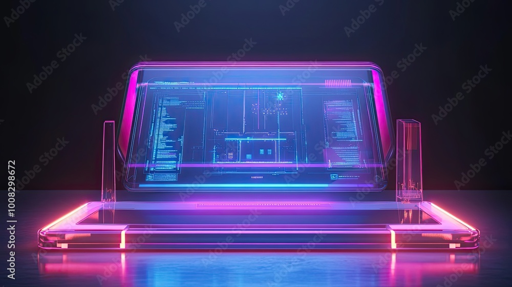Poster futuristic glass computer with glowing neon lights and code display