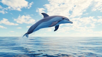 A dolphin leaps out of the water against a backdrop of clouds and blue sky.