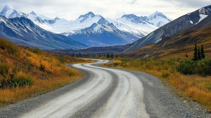 Fototapeta premium A winding gravel road leads through a mountain valley, with snow-capped peaks in the distance and autumn colors on the hillsides.