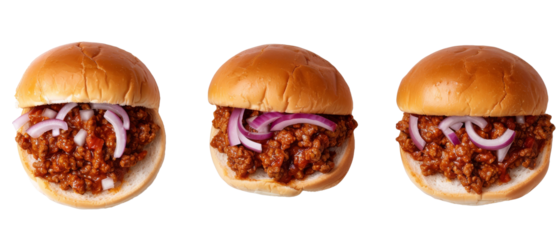 Set of isolated collecti sloppy joe with ground beef and sauce Sprinkle with diced is and pickles for tangy bite on transparent background. cut elements, cut out. Top view high quality PNG.


