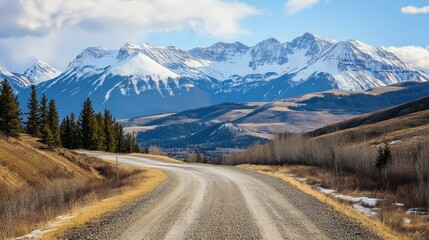 Naklejka premium Winding gravel road leading to snowy mountain range with a blue sky in the background.