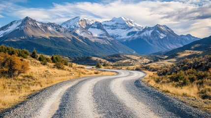 A winding gravel road leading into a valley with snow-capped mountains in the distance.