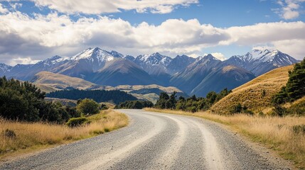 Fototapeta premium A winding gravel road leads through a valley towards snow-capped mountains in the distance, with blue skies and white clouds above.