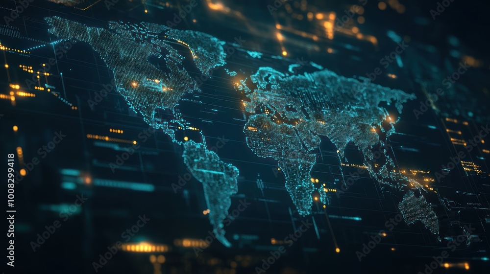 Canvas Prints a digital world map with glowing blue and yellow dots and lines on a black background.
