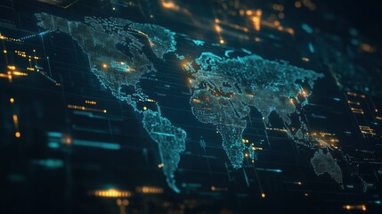 A digital world map with glowing blue and yellow dots and lines on a black background.