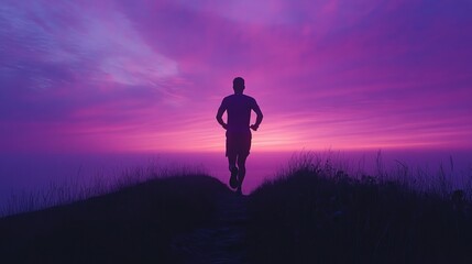 A man runs towards the sunset on a hilltop, silhouetted against the colorful sky.