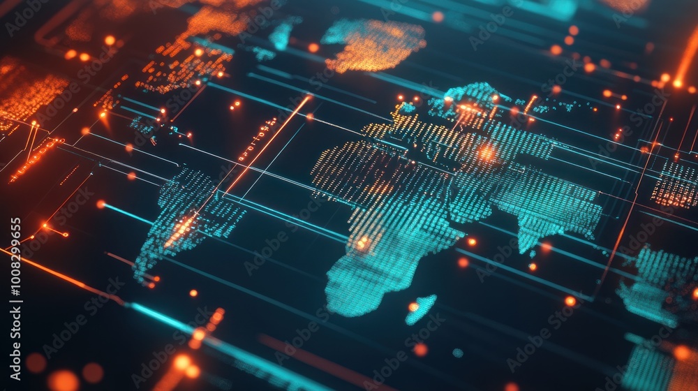 Canvas Prints abstract futuristic glowing blue and orange digital world map with glowing lines and digital dots on