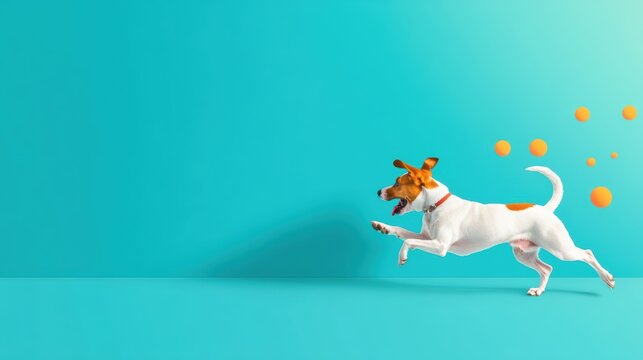 Playful illustration of a dog chasing its tail, with the caption "Did you know that dogs chase their tails because they are trying to stimulate their prey drive?"