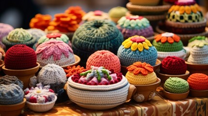 Fototapeta premium A photo of a display of handmade crochet items.