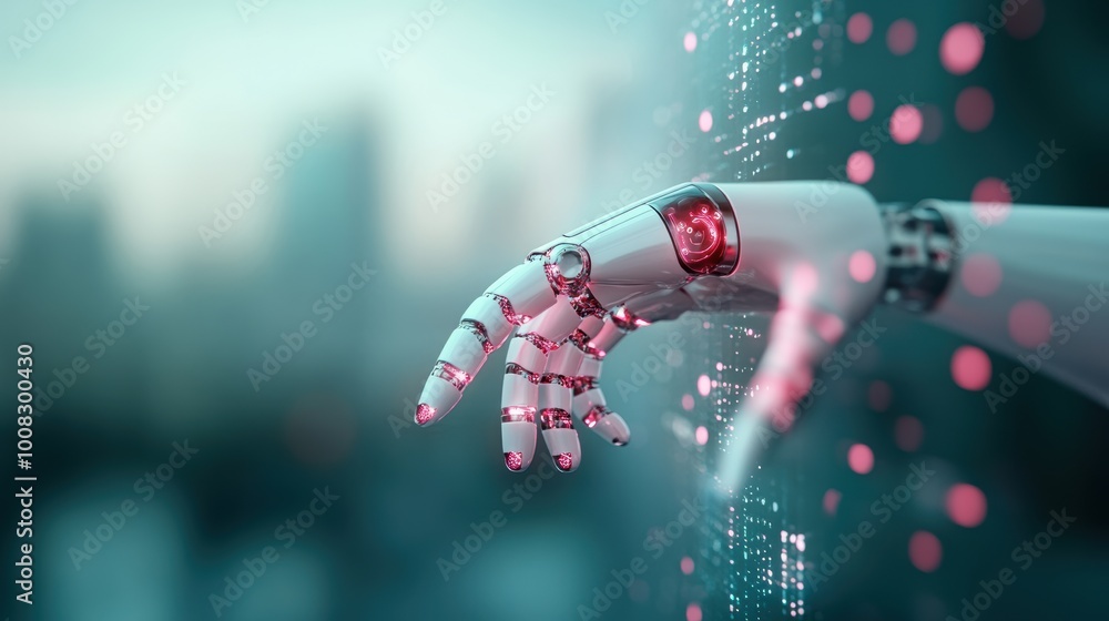 Poster a robot arm interacting with a data visualization, showcasing the application of ai in data analysis