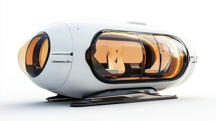 Futuristic White Capsule-Shaped Vehicle with Two Seats and Illuminated Interior