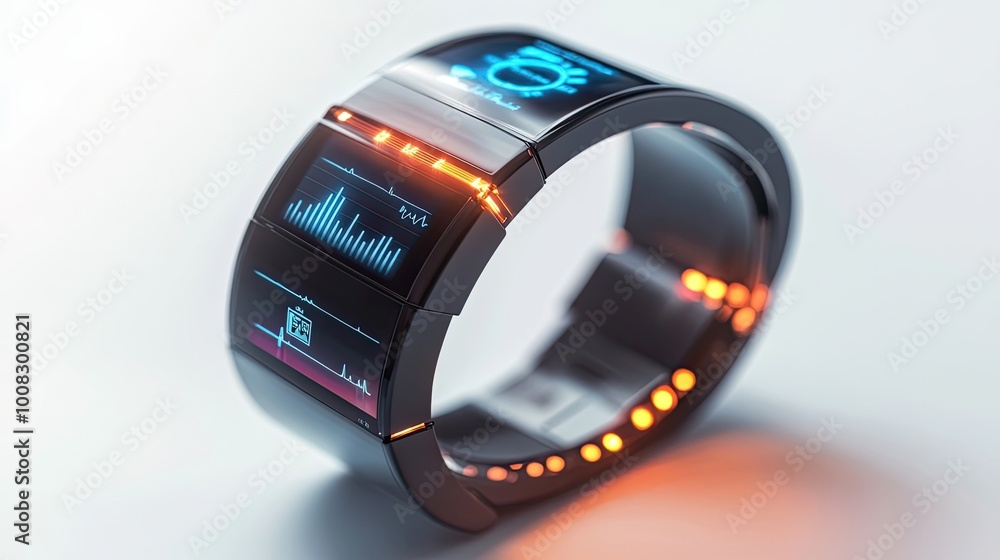 Poster futuristic black smartwatch with illuminated display and health data