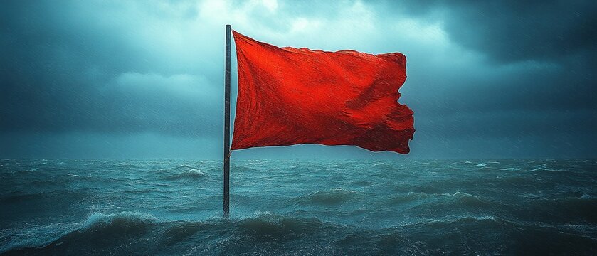 Vibrant Hurricane Warning Flag Fluttering Against a Clear Blue Sky in Coastal Environment