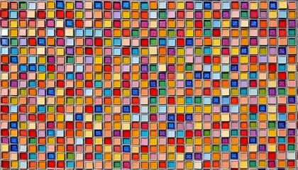 Fototapeta premium A colorful mosaic tile featuring a vibrant pattern of small square shapes in various shades. The intricate design creates a lively and artistic backdrop, perfect for decorative purposes in homes