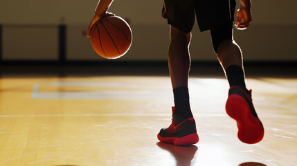 basketball player dribbles ball on gym floor, showcasing athleticism and focus. dynamic movement captures essence of sport