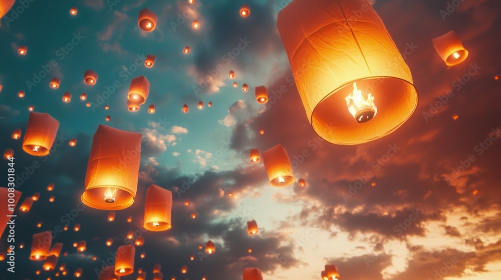 Poster floating lanterns illuminate the sky during a serene twilight, creating a magical atmosphere.