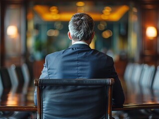 Obraz premium Rearview of the businessman wearing an elegant suit, sitting alone on a chair in a boardroom.- ai