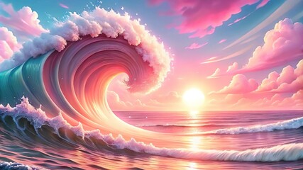 sunrise Ocean wave view with beautiful Pink clouds.