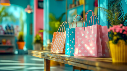 Multi-colored paper shopping bags on the table in the apartment. Black Friday concept. Cyber ​​Monday. Big sales and special offers from shopping centers