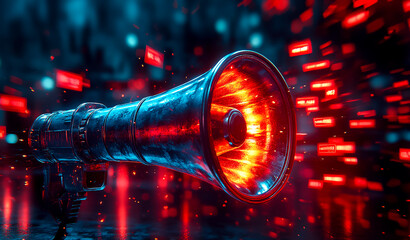 A loudspeaker for announcements against a background of bright and multi-colored icons. Black Friday concept. Cyber ​​Monday. Big sales and special offers from shopping centers